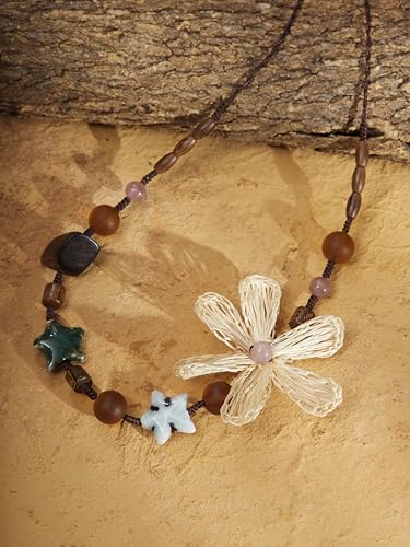 MINACHI Handmade Braided Necklace for Women, Wooden Beads, Rattan Charm, Vintage Style, Gift Jewelry - style: Necklace R21-035