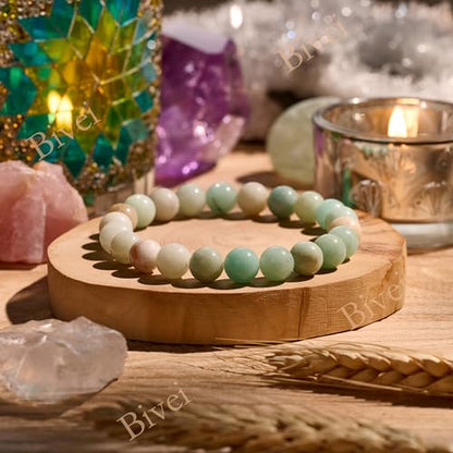 Bivei 8mm Beaded Bracelets for Women Handmade Semi Precious Natural Stone Stretch Elastic Jewelry Yoga Protection Gifts - color: Amazonite - Abundance, size: Large 8-8.27 inch