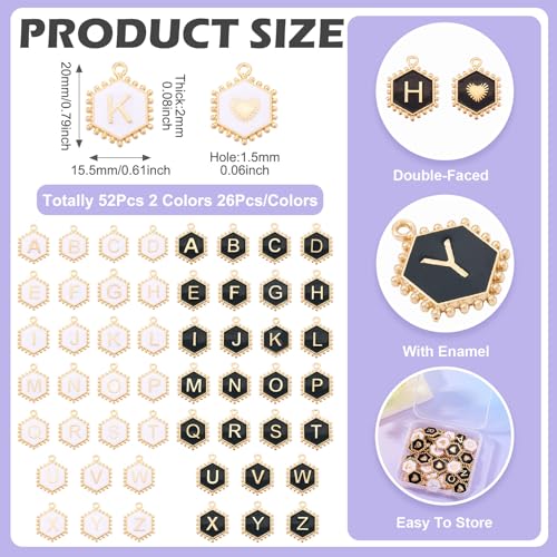 Cheriswelry Letter Alphabet Charm for Jewelry Making Initial Letter A-Z Pendants Flat Round Hexagon Alloy Enamel Charms for Necklace Bracelet Earring Jewelry Making DIY Craft - color: Black&White