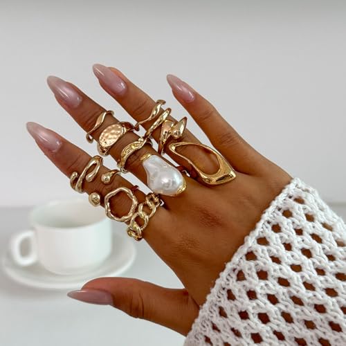 Gold Rings for Women Non Tarnish Stackable Rhinestone Moon Star Rings Dainty Stacking Pearl Butterfly Midi Pinky Thumb Joint Finger Knuckle Ring Set Gold Non Tarnish Jewelry Gifts Trendy Stuff - color: U Chunky Gold Rings 12Pcs