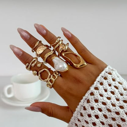 Gold Rings for Women Non Tarnish Stackable Rhinestone Moon Star Rings Dainty Stacking Pearl Butterfly Midi Pinky Thumb Joint Finger Knuckle Ring Set Gold Non Tarnish Jewelry Gifts Trendy Stuff - color: U Chunky Gold Rings 12Pcs