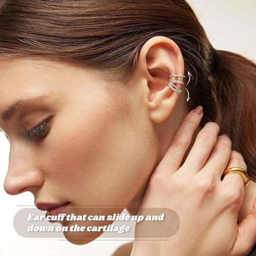 3Pcs 14K Gold Ear Cuff Earrings for Women Adjustable Non Piercing Ear Cuffs Sterling Silver Fake Earrings Clip on Cartilage Earring Ear Cuffs Jewelry - style: Style D-Silver