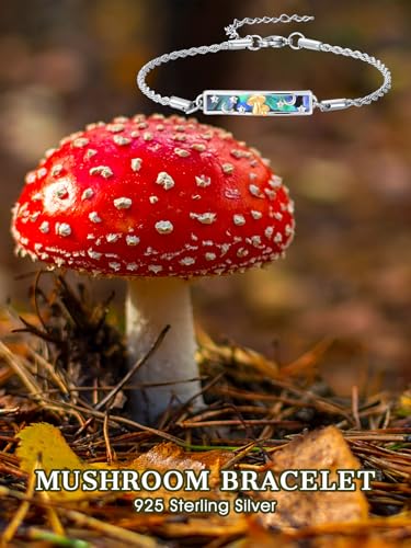 Waves/Tree of Life/Mushrooms/Moon Phase/Butterfly/Hummingbird Bracelet/Anklet 925 Sterling Silver Adjustable Abalone Shell Bar Bracelet/Anklet Summer Jewelry Gifts for Women - color: Mushrooms, size: Bracele 7"+2"