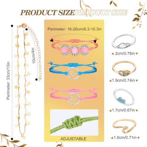 Batiyeer 60 Pcs Boho Surfer Wave Bracelet and Necklace Set for Women, Summer Beach Y2k Layered Choker Anklets Knuckle Rings - style: Cool