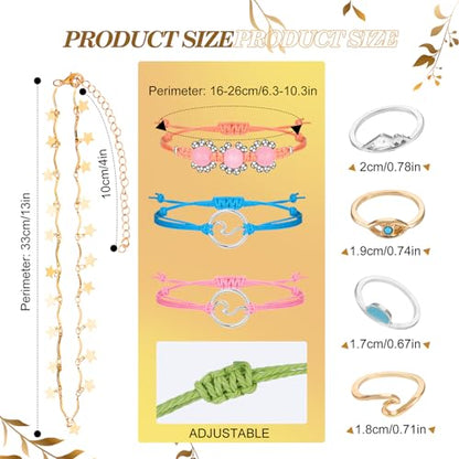 Batiyeer 60 Pcs Boho Surfer Wave Bracelet and Necklace Set for Women, Summer Beach Y2k Layered Choker Anklets Knuckle Rings - style: Cool