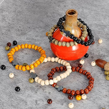 5 Pcs Wooden Beaded Bracelet Bangle for Men and Women Elastic - style: Black Cross