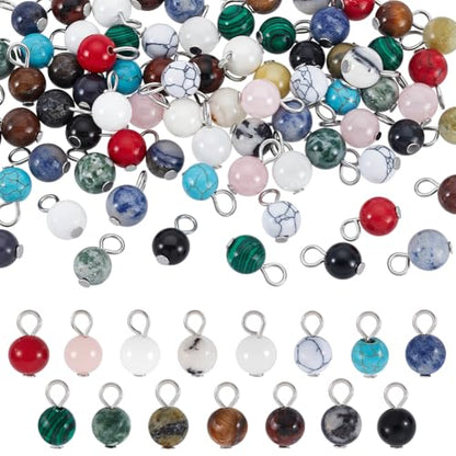 PH PandaHall 90pcs 15 Styles Round Gemstone Pendants 6mm Natural Stone Charms Stone Pendants Round Loose Beads with Silver Loop Quartz Stone Charms for Necklace Bracelet Earring DIY Crafts
