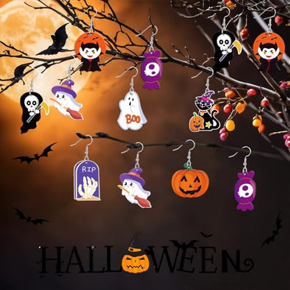 8 Pairs Halloween Acrylic Earrings for Women Spooky Dangle Jewelry | Pumpkin Ghost Candy Earrings, Halloween Jewelry Gifts Party Accessories, Lightweight Acrylic, Double Side Design - style: Halloween