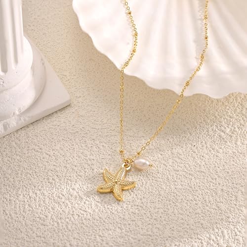 Shell Starfish Charm for Women, Dainty Layered 14K Gold Plated Seashell Conch Starfish Pearl Pendant Necklace for Women Stack Trendy Beach Cuban Link CZ Chain Necklace Summer Vacation Jewelry - color: Starfish Pearl Necklace