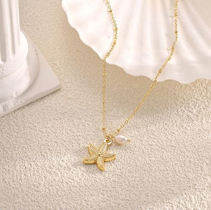 Shell Starfish Charm for Women, Dainty Layered 14K Gold Plated Seashell Conch Starfish Pearl Pendant Necklace for Women Stack Trendy Beach Cuban Link CZ Chain Necklace Summer Vacation Jewelry - color: Starfish Pearl Necklace