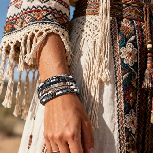 Wrapped Bracelets for Women,Leather Boho Bracelets for Women - color: Boho-Black