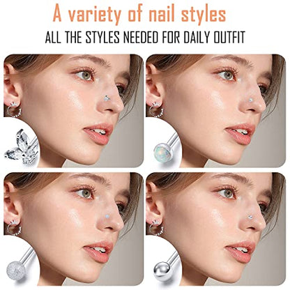 Prjndjw 20G 18G Nose Rings Studs Surgical Steel Nose Stud Glow Dark Heart Opal CZ Flower Nose Piercing Jewelry Nose Rings for Women Straight Screw L Shaped Nose Rings Hypoallergenic Nose Piercing Kit - color: 20G-L Shape nose rings