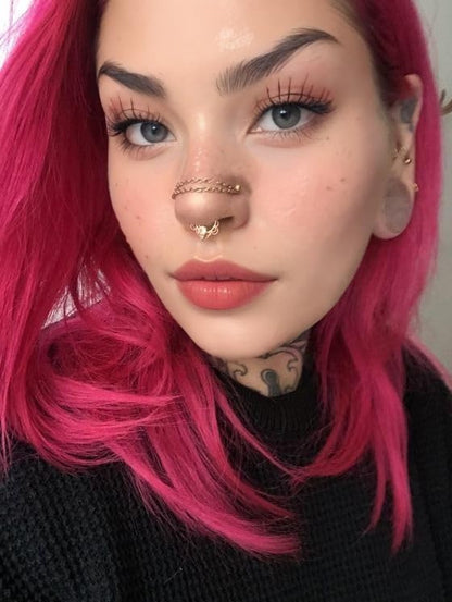 20G Nose Rings Studs with Chain Piercing Across Double Nose Stud Nose Hoop Spike Heart Ball CZ Surgical Steel Nostril Piercing Jewelry for Women Men, Black Silver Gold - color: SR-L