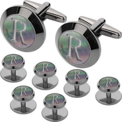 Cuff Links Mens and Tuxedo Studs Set, TAIGRAMA Gun Black Cufflinks for Men and Tuxedo Buttons Initial Tux Shirt Studs Personality Black Mother of Pearl for Formal Shirt Kit Business or Wedding - style: Letter R