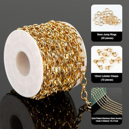 UMAOKANG 16.4 Feet Stainless Steel Oval Chain Gold Plated Chains Bulk with Jump Rings and Lobster Clasps Jewelry Chain Roll - color: Gold Rolo