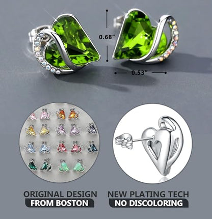 Infinity Love Heart Stud Earrings for Women, Birthstone and Healing Stone, Gifts for Mom, Wife, and Her, Silver Plated - color: 08-August-Peridot Green