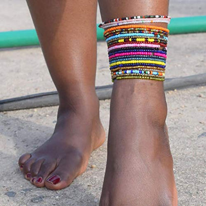African Beads Anklet 18pcs Boho Beaded Ankle Bracelet Elastic Bead Foot Chain Jewelry for Women (Colours)