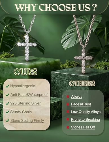 JeryWe 925 Sterling Silver Cross Necklace for Women Dainty Gold/White Gold Plated Necklace for Women Non Tarnish Cubic Zircon Cross Pendant Necklaces Christian Baptism Religious Faith Jewelry Gift - color: White Gold Plated