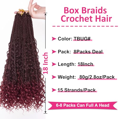 Unionbeauty 18 Inch Boho Box Braids Crochet Hair 8 Packs Goddess Box Braids Crochet Hair with Curly Ends Bohemian Box Braids Crochet Braids Ombre Burgundy Crochet Box Braids for Black Woman TBUG# - color: TBUG#, size: 18 Inch (Pack of 8)