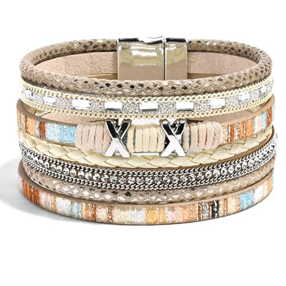 VIBILIA Boho Leather Wrap Bracelets for Women Multi-Layer Bracelets | With Strong Clasp Jewelry for Women - color: 02-XxMilletBead-Khaki