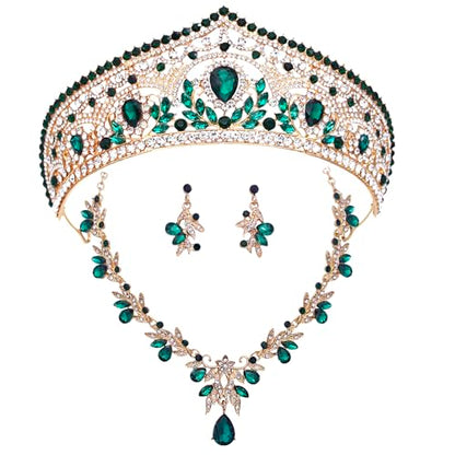 Princess Tiara Crown and Jewelry Sets for Women Wedding Rhinestone Crystal Tiaras and Crowns with Necklace Earrings Party Birthday Accessories - color: Gold Green