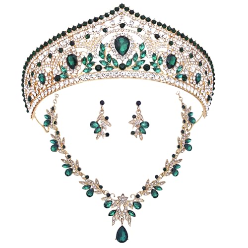Princess Tiara Crown and Jewelry Sets for Women Wedding Rhinestone Crystal Tiaras and Crowns with Necklace Earrings Party Birthday Accessories - color: Gold Green