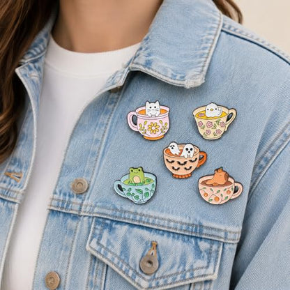 5Pcs Cute Coffee Cat Sloth Enamel Pin Set Cartoon Animal Coffee Cup Brooch Badges, Funny Lapel Pins for Backpacks, Jackets, Bags, Coffee Lover Gift - color: JH-116