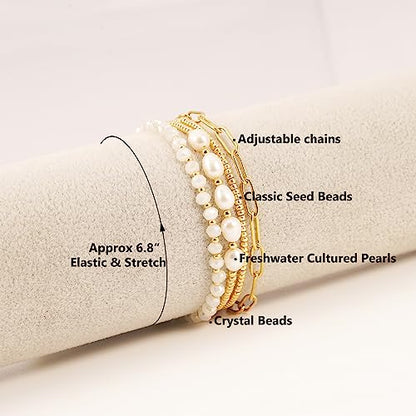 Dainty Gold Plated Pearl Crystal Beaded Bracelets Set for Women 14K Gold Plated Bead Pearl Beads Bracelet Stackable Paperclip Link Chain Bracelets Gold Plated Bracelets for Women Trendy Jewelry - color: Style2