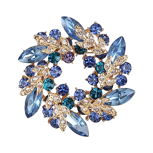 EVER FAITH Austrian Crystal Wedding Corsage Jewelry Accessory Bridal Flower Wreath Brooch Pin for Women - color: Light Blue w/ Sea Blue Gold-Tone