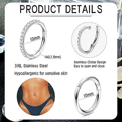 THUNARAZ 14G Hoop Belly Button Rings for Women CZ Clicker Navel Piercing | Surgical Stainless Steel Belly Navel Rings, Hoop Heart Butterfly Dangle Belly Piercing Jewelry - color: Silver Tone-Simple