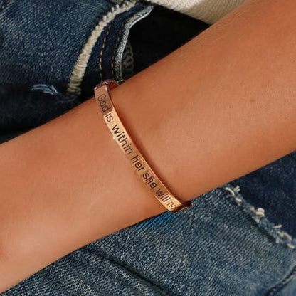 Inspirational Christian Bracelet for Women, Oval Engraved Bible Verse Love Bangle Cuff, Faith Scripture Jewelry, Religious Encouragement Gift for Mom Daughter Sister Friend - color: God is within her she will not fall-Oval Bangle Rose Gold