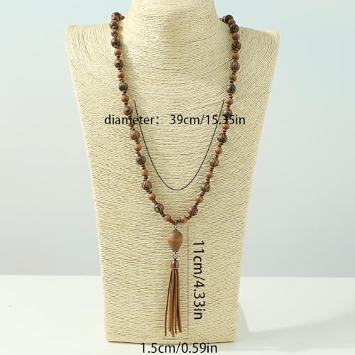 Wood Bead Heart Necklace for Women Amber Color Resin Heart Pendant Natural Wooden Beaded Necklace Boho Long Vacation Jewelry Gift - color: A1:brown wooden necklace