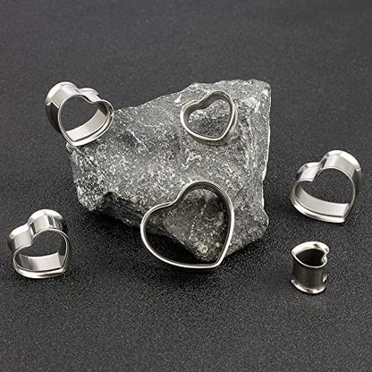 Casvort 4 PCS 8mm-25mm Hypoallergenic 316 Stainless Steel Cute Heart Double Flared Ear Gauges Plugs Ear Tunnels Saddle Plugs Body Piercing Jewelry - color: Silver, size: 5/8'' (16mm)