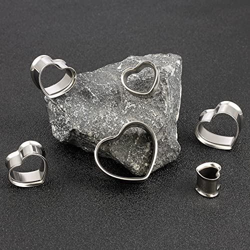Casvort 4 PCS 8mm-25mm Hypoallergenic 316 Stainless Steel Cute Heart Double Flared Ear Gauges Plugs Ear Tunnels Saddle Plugs Body Piercing Jewelry - color: Silver, size: 3/4'' (19mm)