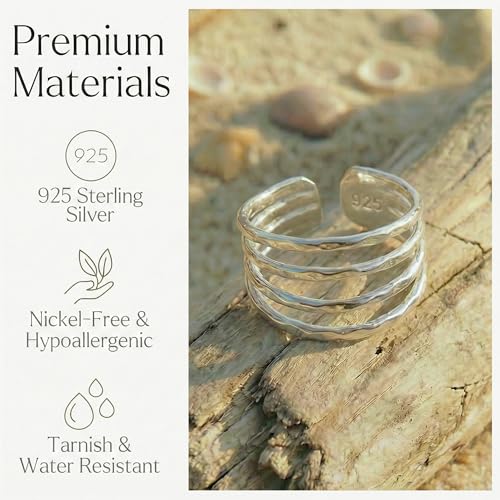 Sterling Silver Toe Ring, Adjustable Open Band, Handmade | Fits Toe, Knuckle or Pinky Ring | One Size Fits Most | Comfortable to Wear | Minimalist Style | Water Resistant - style: Hammered Multi-Band