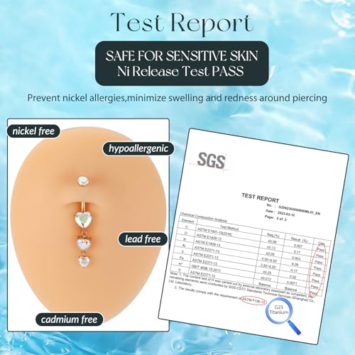 GAGABODY G23 Titanium Dangly Belly Button Ring Long Belly Rings Belly Piercing Jewelry 14G 3/8 inch 10mm Navel Barbell CZ Navel Piercing Ring - color: Style2:Gold+Dangle Heart Shape Clear ABCZ