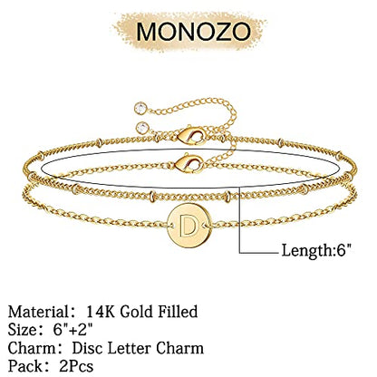 Gold Initial Bracelets for Women Girls Jewelry Gifts - Dainty 14K Gold Plated Layered Beaded Letter Bracelet 26 Alphabet Disc Monogram Initial Bracelets Birthday Gifts for Women Girls Teens - style: D