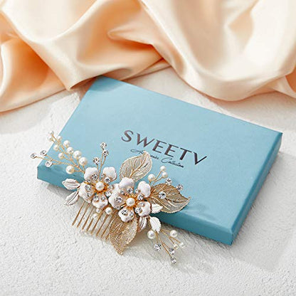 SWEETV Gold Wedding Hair Comb-Handmade Bridal Hair Clip Wedding Hair Accessories for Women - color: Gold-A