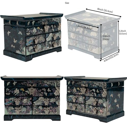 February Mountain Elegant Mother of Pearl Jewelry Box – Handcrafted Wooden Chest with Intricate Butterfly and Crane Designs, 4 Drawer Storage, and Red Velvet Interior – Ideal Gift for Women - style: Crane and Pine Tree - Blue