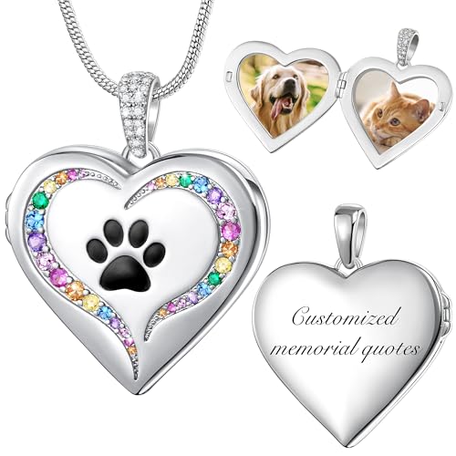 Fanery Sue Personalized Pet Locket Picture Necklace,Dog Cat Memory Gift | Custom Engraved Heart Photo Lockets Necklaces,Dog Cat Sympathy Memorial Jewelry for Women Men - color: Sliver, style: Pawprint on Rainbow Bridge