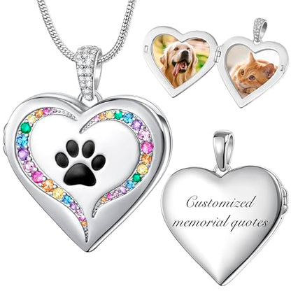 Fanery Sue Personalized Pet Locket Picture Necklace,Dog Cat Memory Gift | Custom Engraved Heart Photo Lockets Necklaces,Dog Cat Sympathy Memorial Jewelry for Women Men - color: Sliver, style: Pawprint on Rainbow Bridge