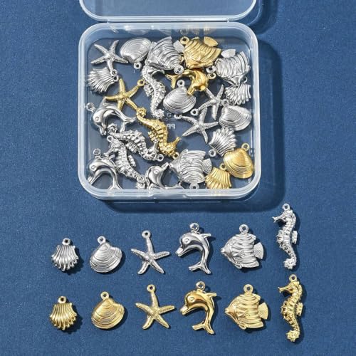 8-64Pcs Silver Goldern Color Heart Pendants Charms 10 Styles Heart Stainless Steel Metal Charms for Jewelry Making Crafting Necklaces Bracelets Earrings Keychains Birthday Gift - color: Marine Organism-36 pcs