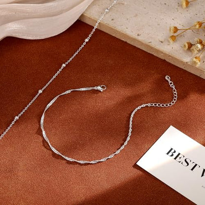 Gold/Silver Anklets for Women Waterproof 14K Gold/Silver Plated Ankle Bracelet Trendy Layered Adjustable Shining Chain Set Summer Beach Sparkle Jewelry Gift Non Tarnish Lightweight Hypoallergenic - color: SL