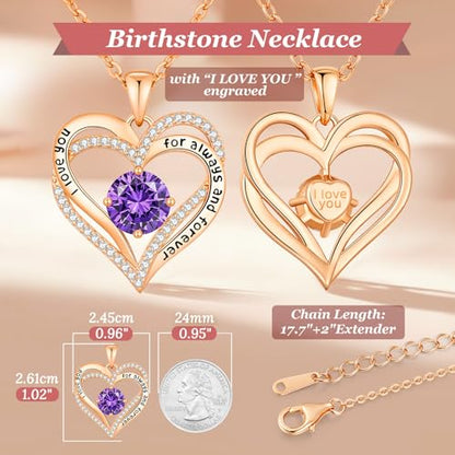 CDE Engraved Forever Love Heart Birthstone Necklace Jewelry Gifts for Women | Hypoallergenic,Nickel-Free & Lead-Free,3 x 3 mm 5A CZ Heart Pendant,Anniversary Christmas Birthday Gift for Girlfriend Wife - color: 02-Feb, style: Rose Gold Plated