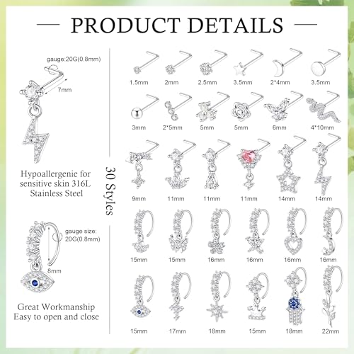 WAINIS 30Pcs 20G Dangle Nose Ring for Women 14K Golden Silver Plated | L Shaped Dangling Nose Stud,Surgical Steel Nose Ring Studs,Dainty Flower Heart Moon Star Dangle Rings Hoops Nose Piercing - color: silver1