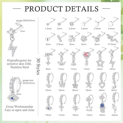 WAINIS 30Pcs 20G Dangle Nose Ring for Women 14K Golden Silver Plated | L Shaped Dangling Nose Stud,Surgical Steel Nose Ring Studs,Dainty Flower Heart Moon Star Dangle Rings Hoops Nose Piercing - color: silver1