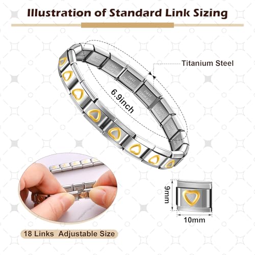 Huquary 6 Pcs Italian Charm Bracelets Shiny 9mm Starter 18 Links Stainless Steel Italian Bracelet Modular Links - color: Gold and Silver
