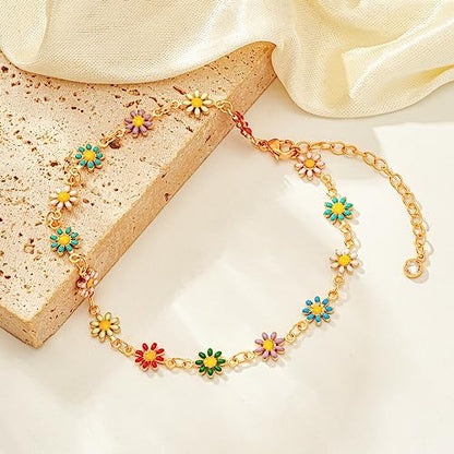 Gold Anklets for Women 14K Gold Plated Tiny Bead Anklet Colorful Tassel Foot Chain Dainty Adjustable Cute Summer Beach Boho Anklets Jewelry Gift - color: colorful daisies