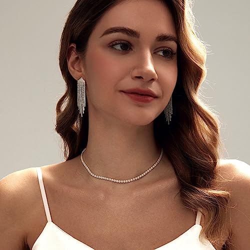 HAXIYA Tennis Necklace Bracelet for Women, Sterling Sliver Jewelry Set, Silver/Gold Chocker Necklace, Crystal Bracelet for Women, Wedding Jewelry for Bride, Sparkly Party Prom Hypoallergenic - color: Tassle Set of 2 - Silver