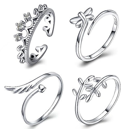 4PCS S925 Silver Rings for Women Finger Rings Knuckle Rings Toe Rings for Women Adjustable